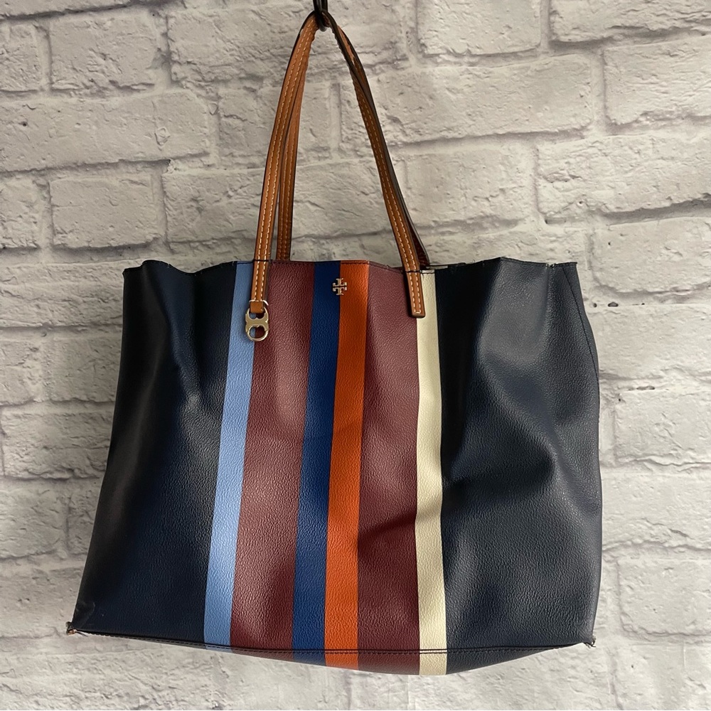 PREOWNED TORY BURCH STRIPE TOTE BAG BROWN BLUE PURSE BAG